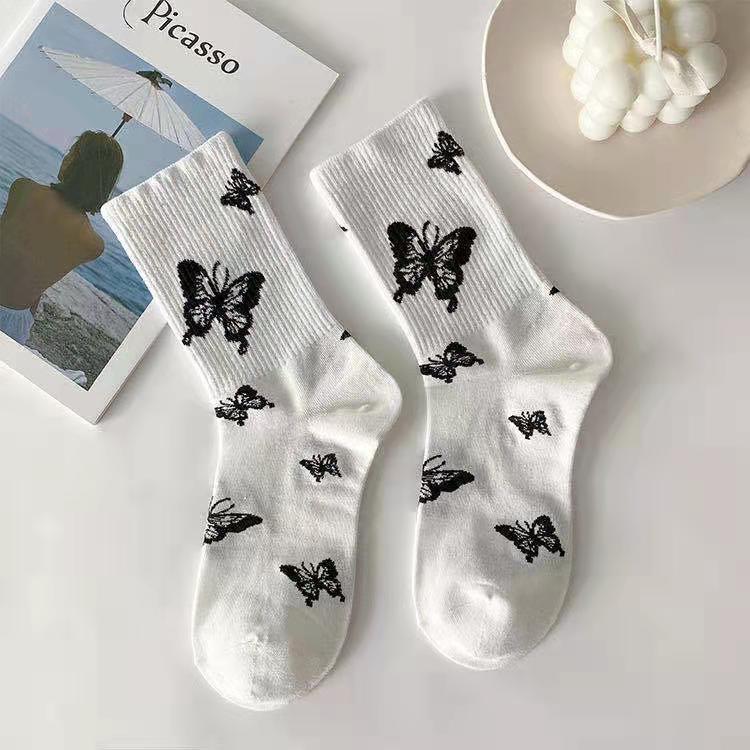 Butterfly Women's Tube Socks Hot Style Black And White Cartoon