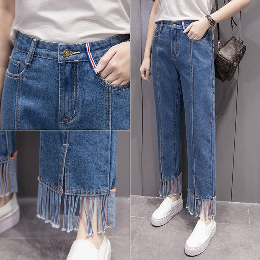Trendy Denim Wide-leg Pants With Tassels Nine Points