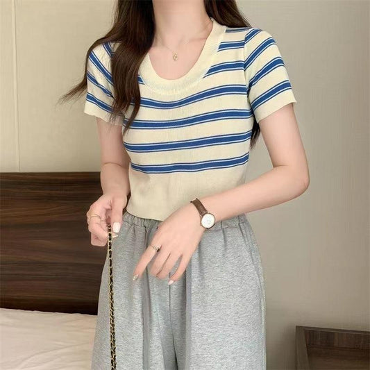 Women's Fashion Striped Knitted Short Sleeve T-shirt Top