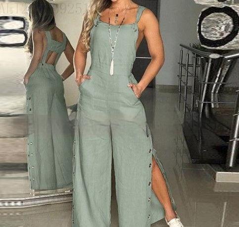 Women's Solid Color Sleeveless Side Pocket Casual Wide Leg Side Buckle Jumpsuit