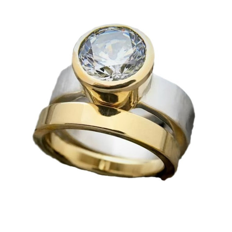 Fashion Heavy Industry Wide-faced Two-color Zircon Ring Creative