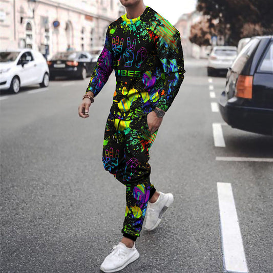 Funny New Long-sleeved Sports Two-piece Round Neck Casual Printed Men's Sweater