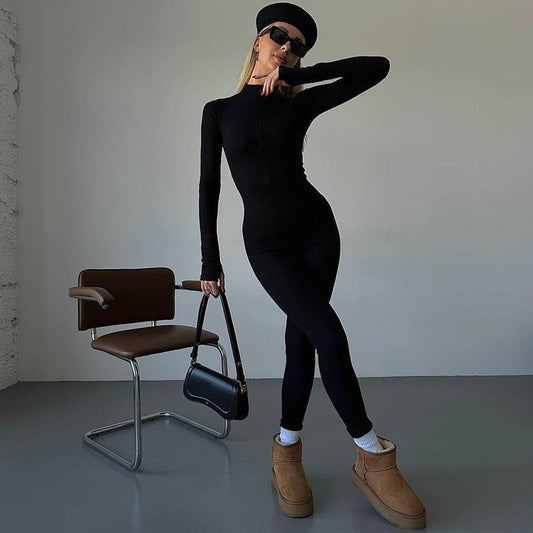 Women's Fashion Personality Chest Zipper Slim-fit Long-sleeved Stretch Bottoming Jumpsuit