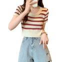 Women's Fashion Striped Knitted Short Sleeve T-shirt Top