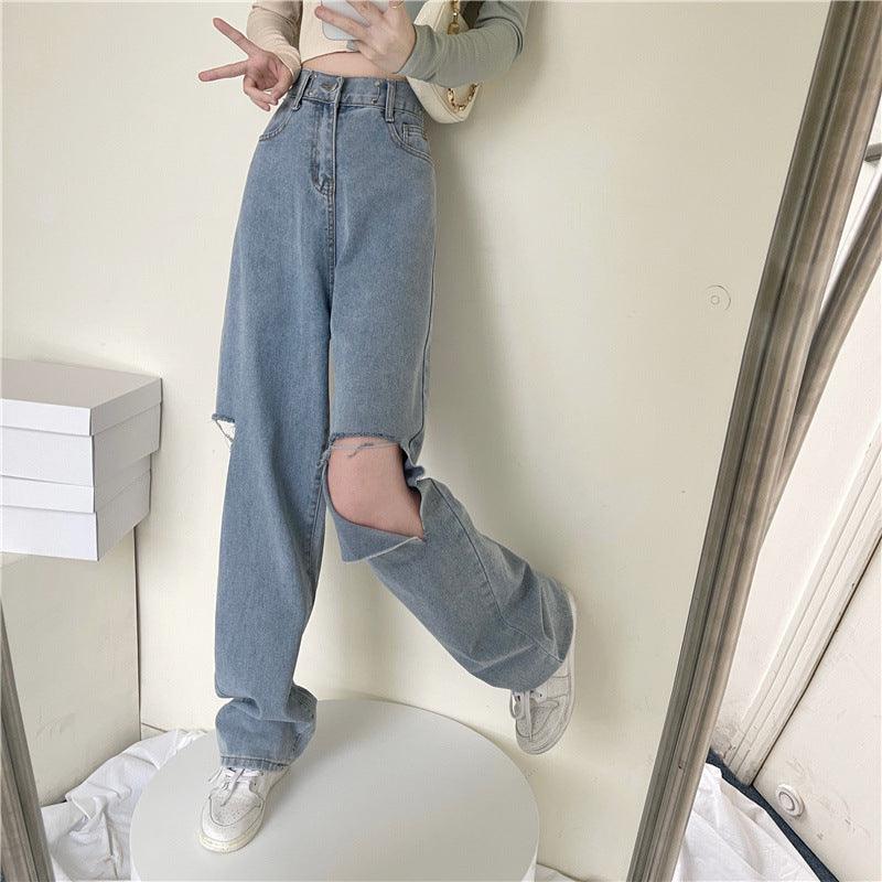 Ripped Jeans Straight High Waist Loose Fitted Flattering