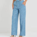 Fashion Denim Sequined Tube Top Wide Leg Pants Suit