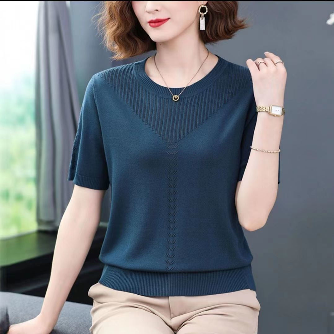 Summer Hollow-out Ice Silk Short Sleeve Middle-aged Round Neck Knitted Shirt Thin