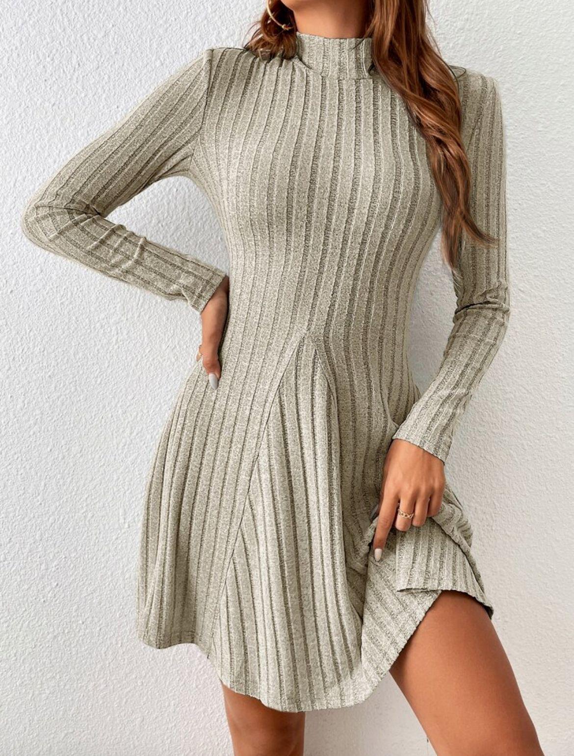 Half Turtleneck Solid Color Rib Fabric Long Sleeve Dress Women