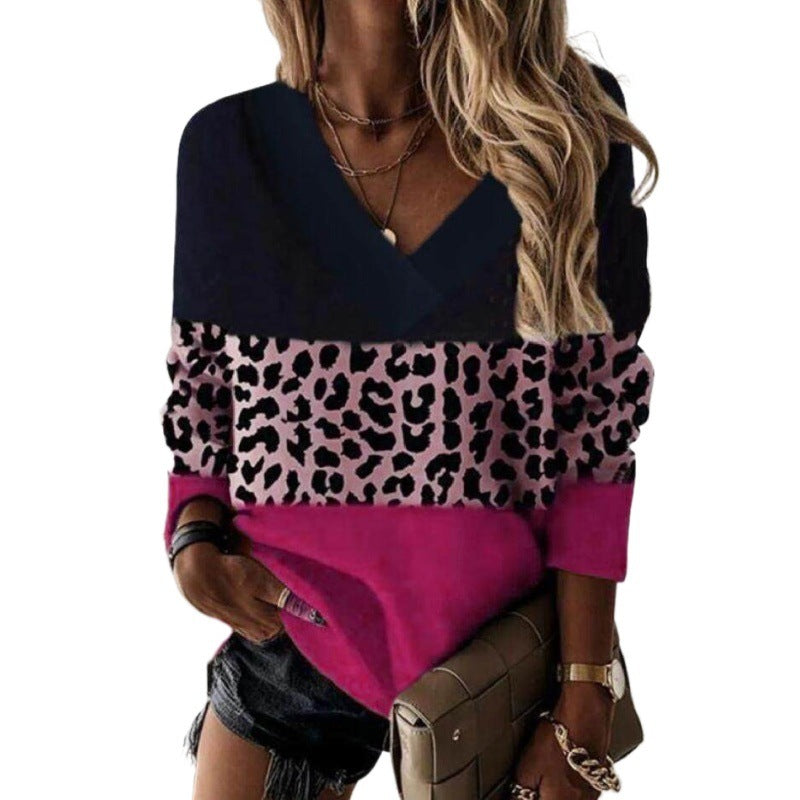 V-neck Leopard Print Splicing Long Sleeve Sweatshirt Tops