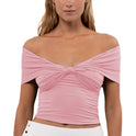 Solid Color Sleeve Off-shoulder Pleated Tight Cropped Top