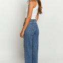 Oblique Waist Cross Beaded Straight-leg Frayed Hem Jeans