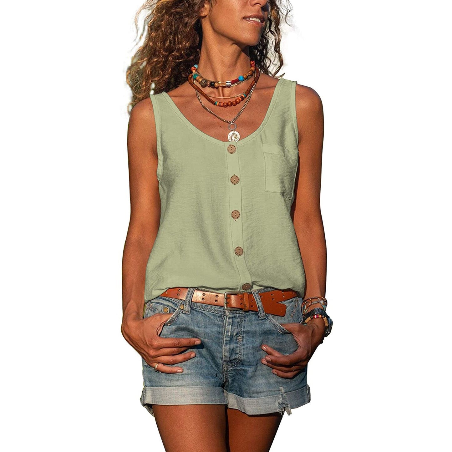 Summer Women's Solid Color And V-neck Button Vest Shirt