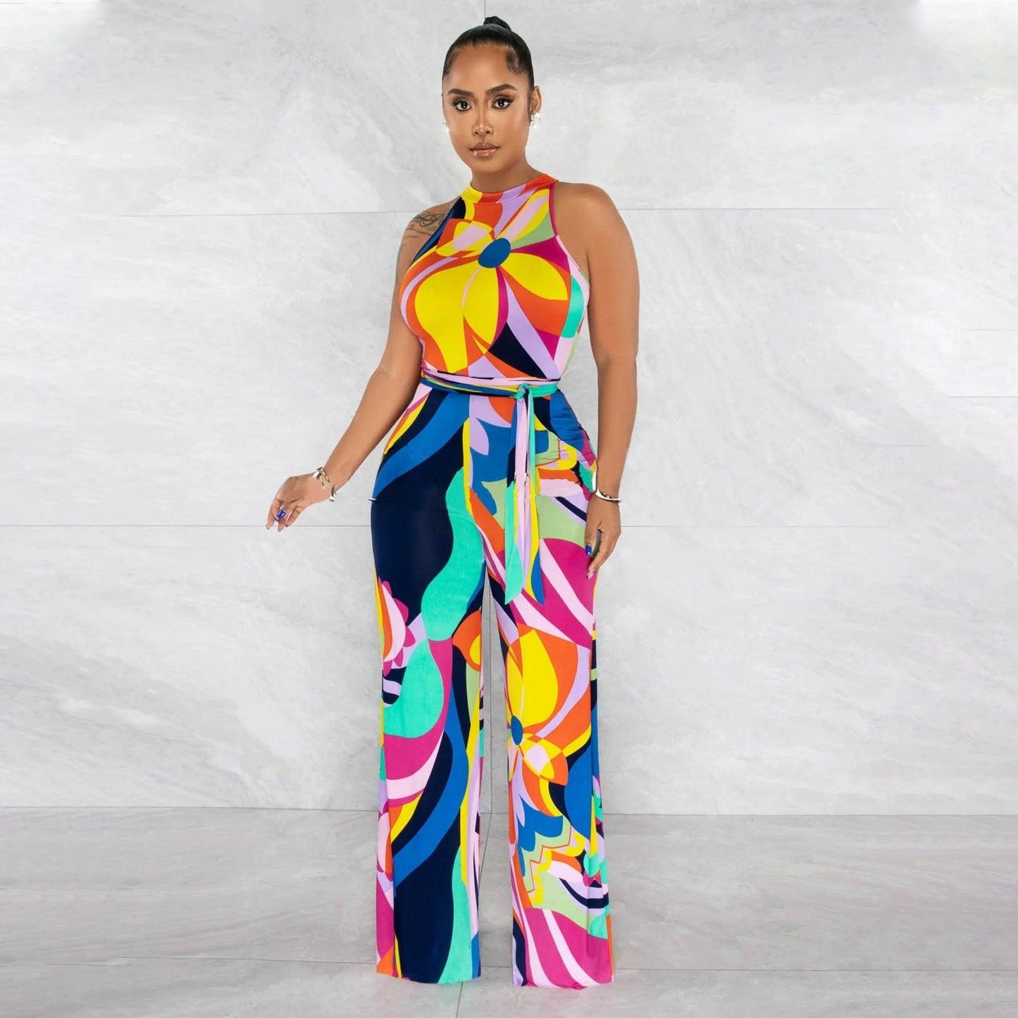 Women's Printed Sexy Sleeveless Lace-up Jumpsuit Trousers