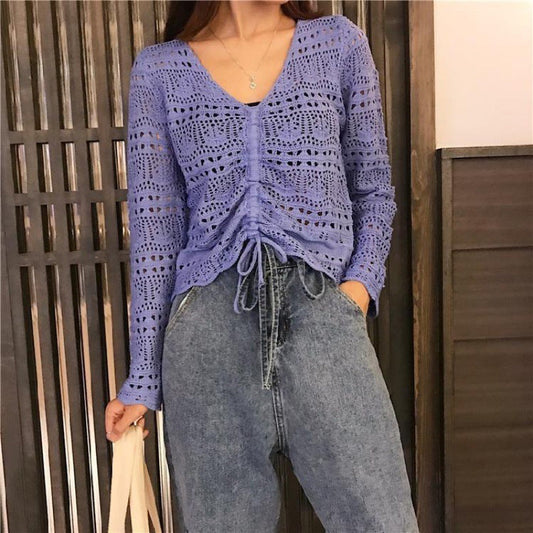 Women's V-neck Long Sleeve Top Loose Hollow Sweater