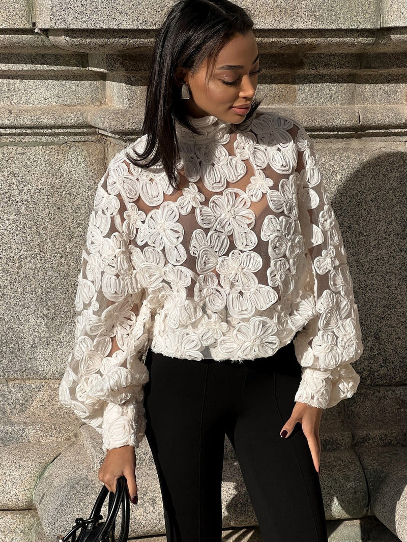 White Floral Pearl Textured Shirt