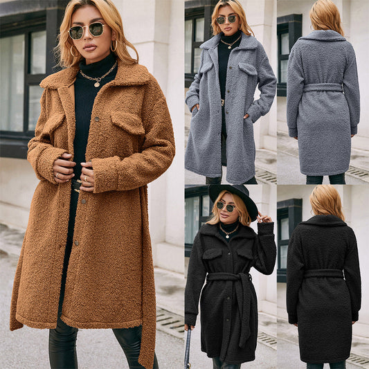 Mid-length Lapel Belt Single-breasted Plush Trench Coat