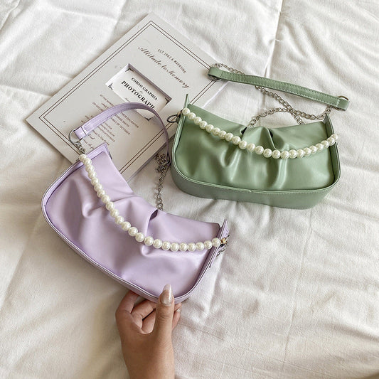 Pleated Solid Color Pearl Chain Underarm Bag