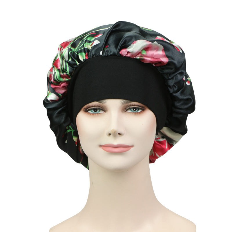 New Satin Print Nightcap Wide-brimmed Elastic Shower Cap