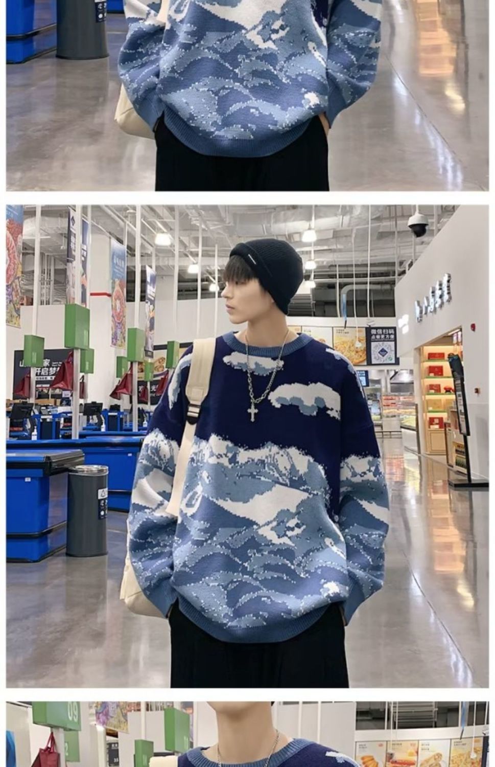 American Fashion Brand Retro Snow Mountain Tie-dye Crew Neck Pullover Sweater