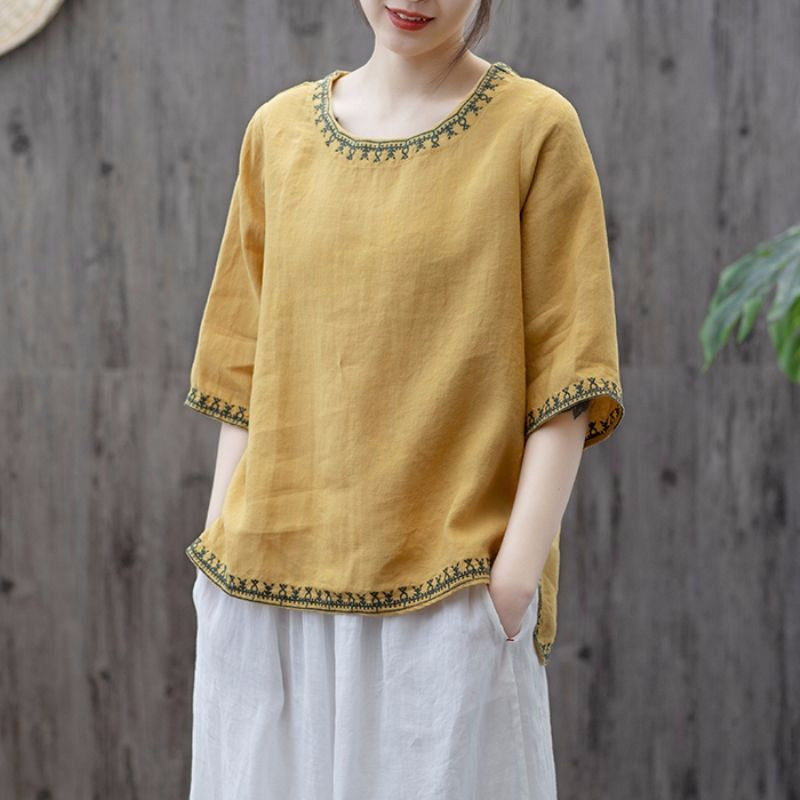 Artistic Retro Cotton And Linen Solid Color Embroidered Crew Neck Half Sleeve