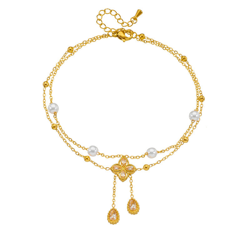 Fashion Double Layer Twin Diamond Diamond Flower Pearl Anklet