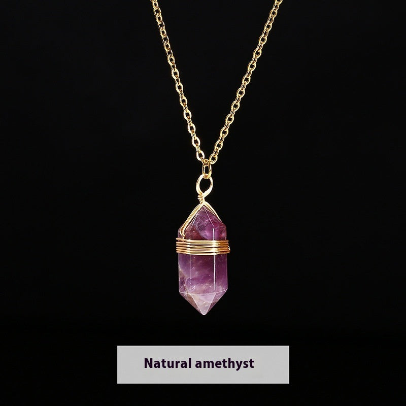 Natural Crystal Tigereye Double Pointed Hexagon Prism Winding Necklace