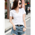 Summer Loose Short-sleeved Women's T-shirt Slub Cotton V-neck Casual