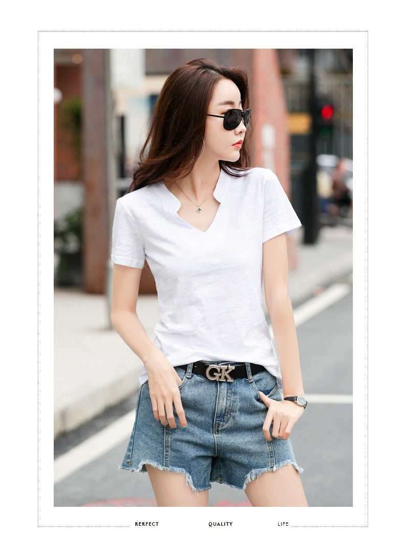 Summer Loose Short-sleeved Women's T-shirt Slub Cotton V-neck Casual