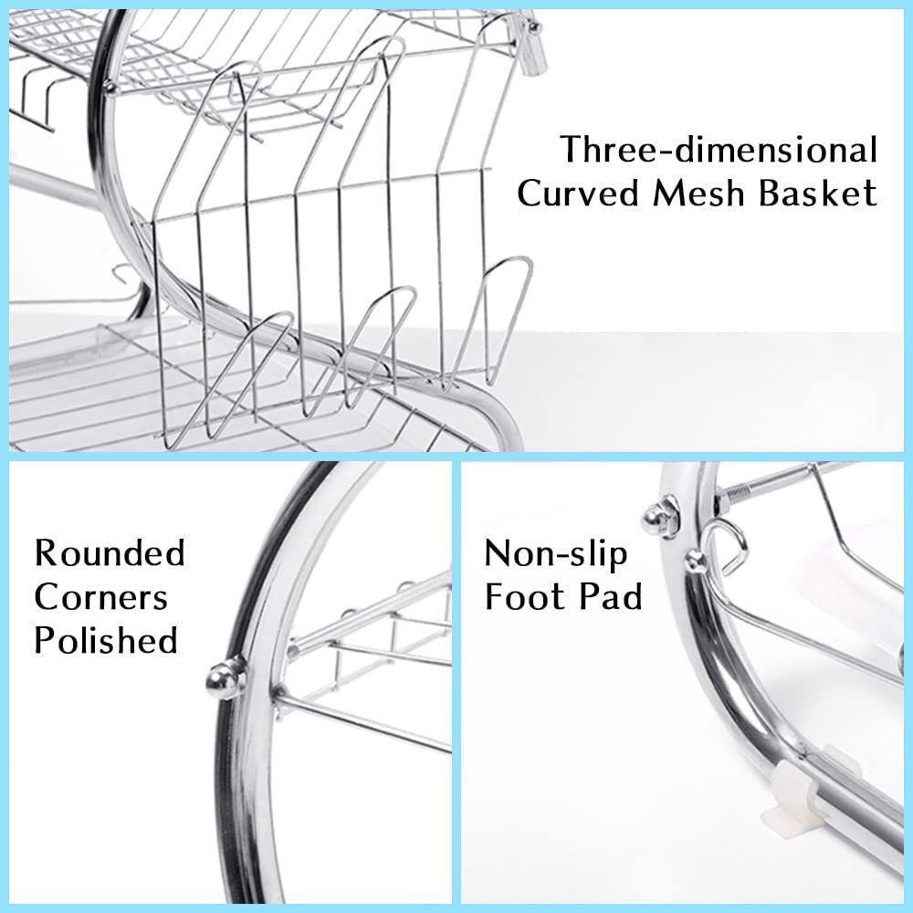 2 Tier Dish Drainer Rack With Drip Tray Kitchen Drying Rack Bowl Plate Holder UK