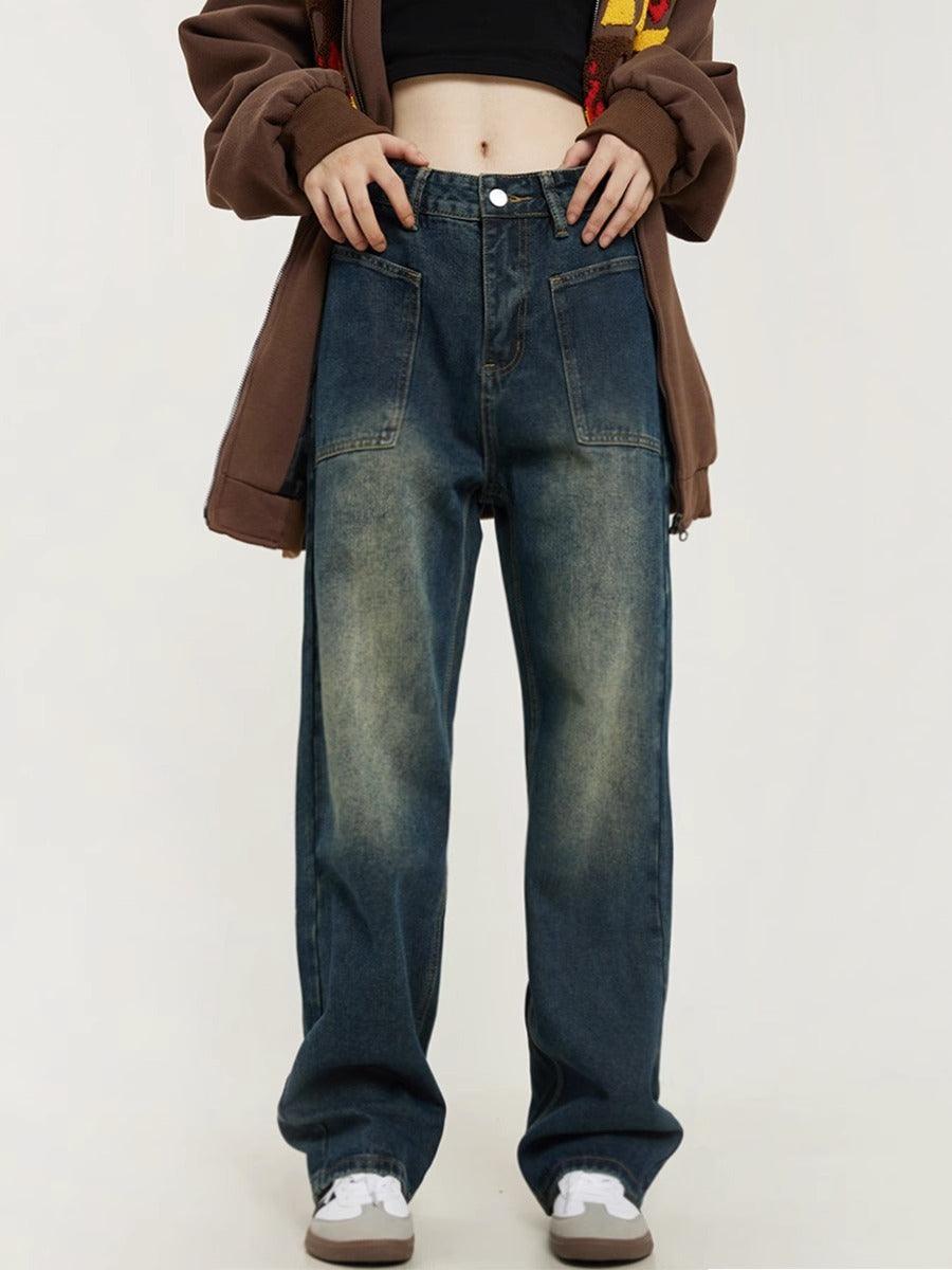 Antique Dark Blue Yellow Mud Color Washed Distressed Straight Jeans