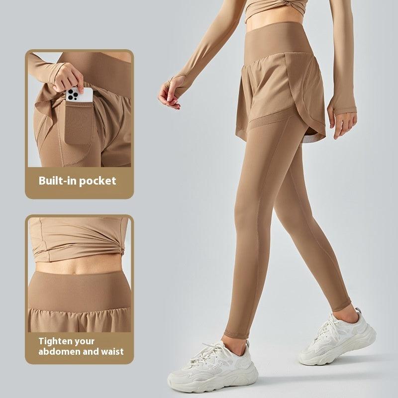 Elastic High Waist Anti-exposure Fake Two Pieces Mesh Leggings