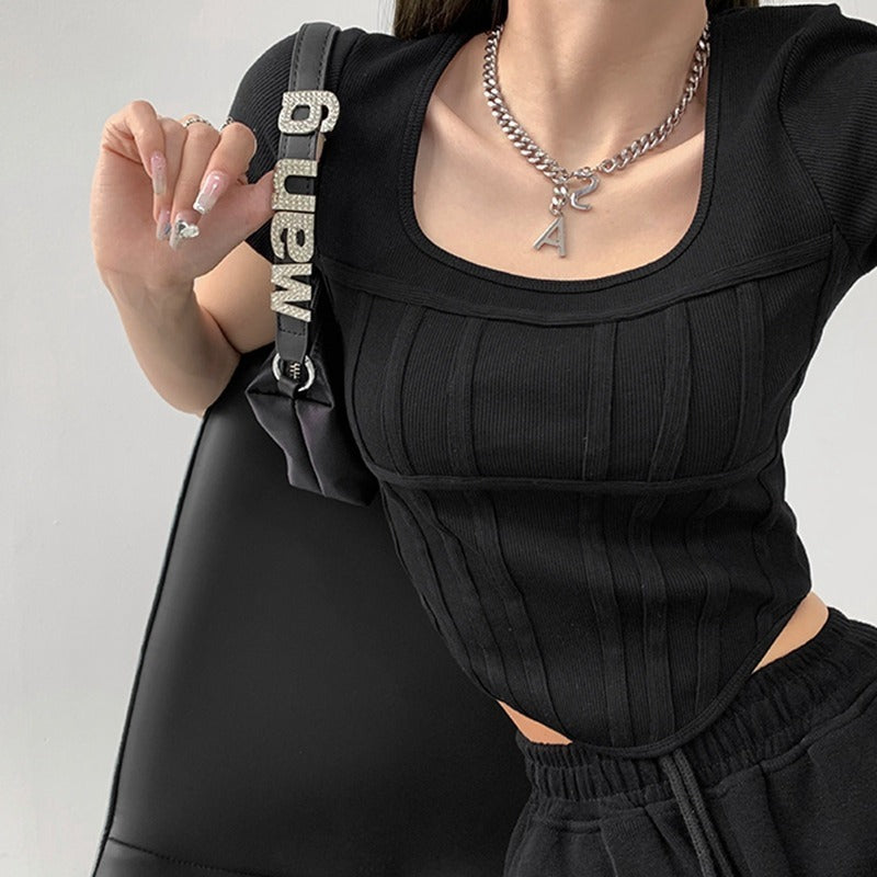 Niche Slim Bottoming Shirt Sexy Leak Collarbone Short Sleeve T-shirt Female