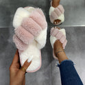 Cross-strap Furry Slippers Home Flat Indoor Floor Bedroom House Shoes Women