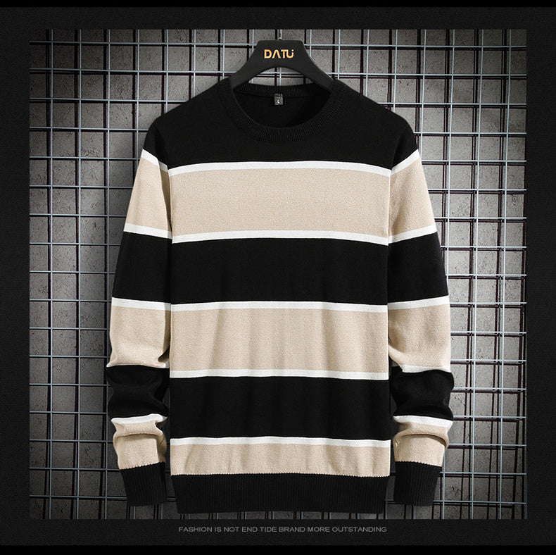 Men's Plus Velvet Thick Knit Sweater Bottoming Shirt Striped Contrast Color Warm Clothes