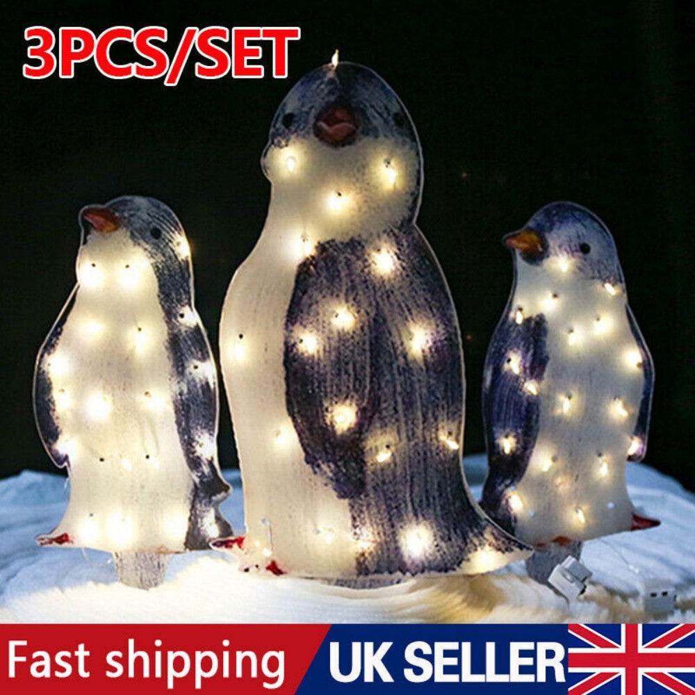 3X Christmas Penguin Acrylic LED Light Up Decoration Indoor Outdoor Figurine