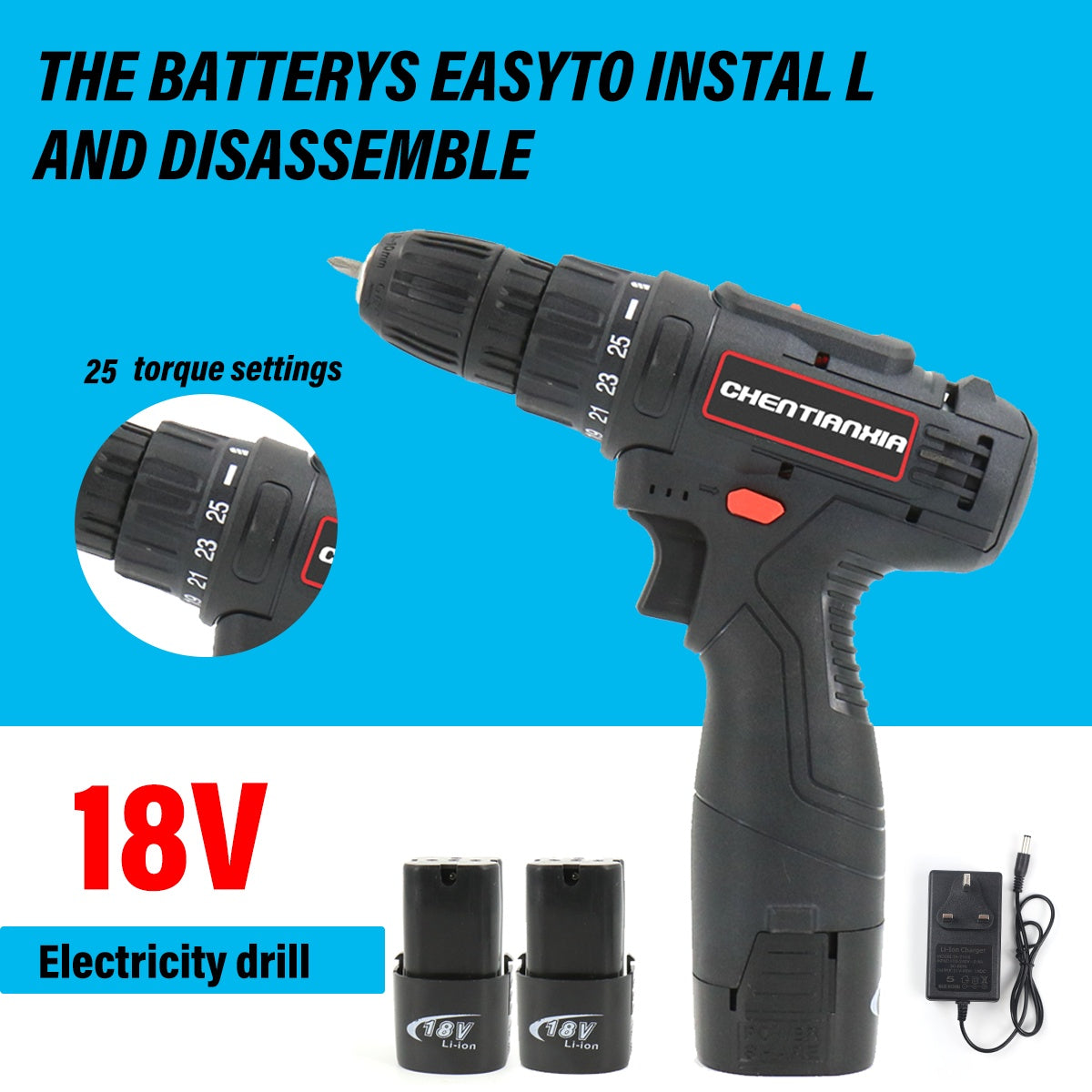 2 Battery 21V Cordless Combi Hammer Impact Drill Driver Electric Screwdriver Kit