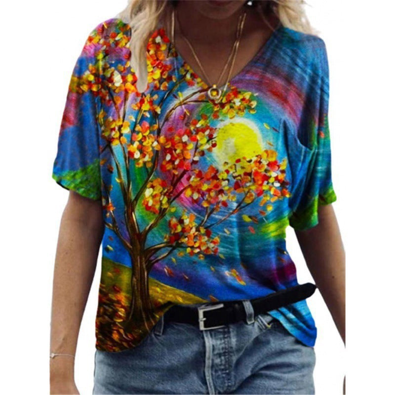 Flower Painting Printed T-shirt For Women