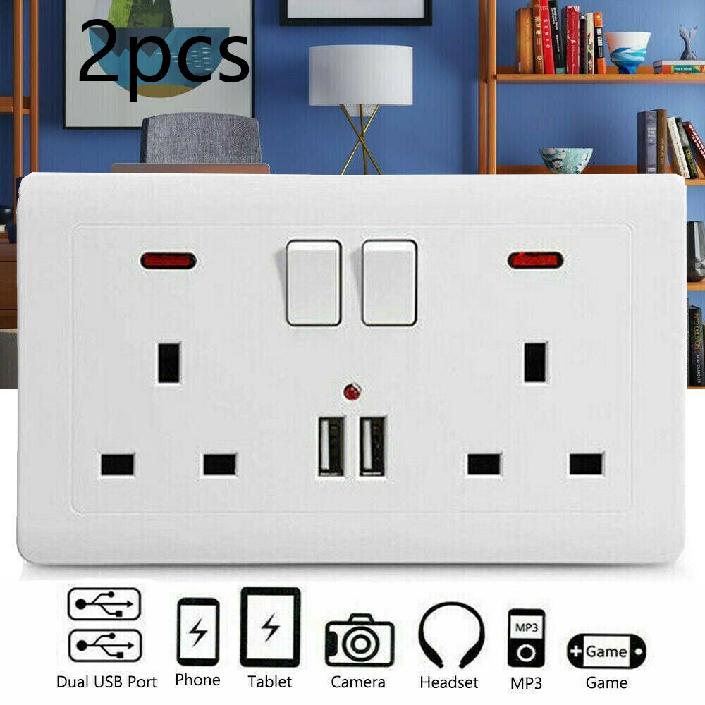 Double Wall Plug Socket 2 Gang 13A W 2 Charger USB Outlets Flat  UK