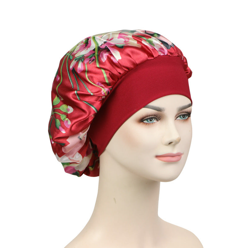 New Satin Print Nightcap Wide-brimmed Elastic Shower Cap