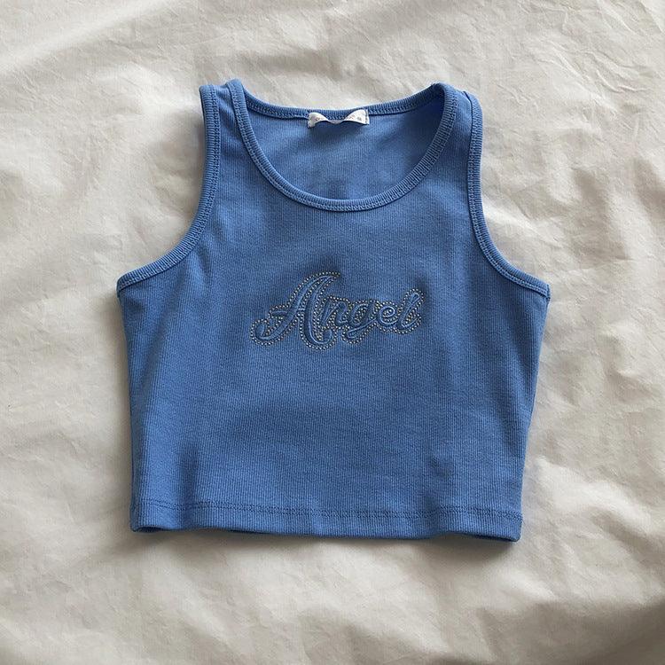 Embroidered Letter High Waist Short Midriff-baring Tank Top