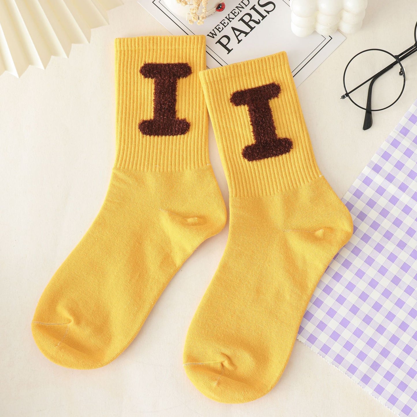 Women's Long Letter Simplicity Feather Yarn Socks