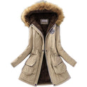 Long Women's Cotton-Padded Jacket With Wool Collar