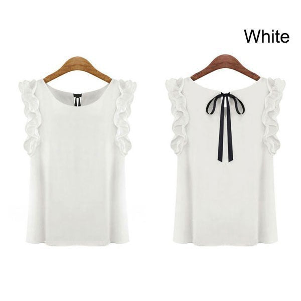 Bow tie chiffon shirt round neck solid top