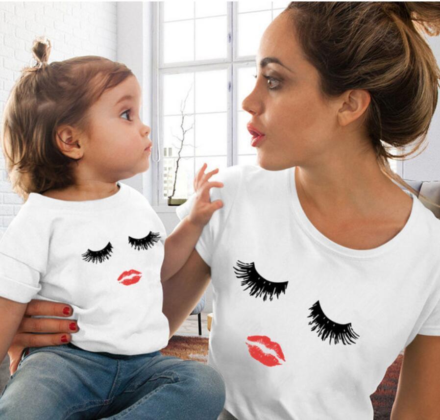 Girls Red Lip Print T-shirt Funny Family Collocation