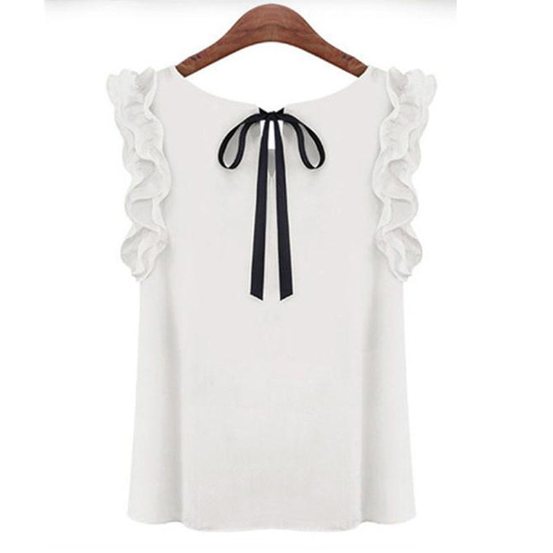 Bow tie chiffon shirt round neck solid top