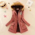 Long Women's Cotton-Padded Jacket With Wool Collar
