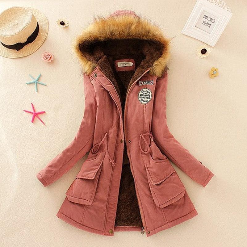 Long Women's Cotton-Padded Jacket With Wool Collar
