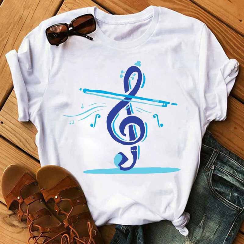 Large Size Women's Music Note Printing Kawaii Top Female Wholesale Supply Round Neck Short Sleeve T-shirt Female