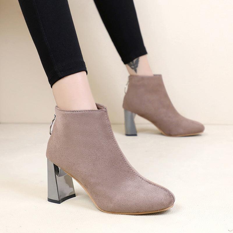 Zipper short tube thick heel British boots