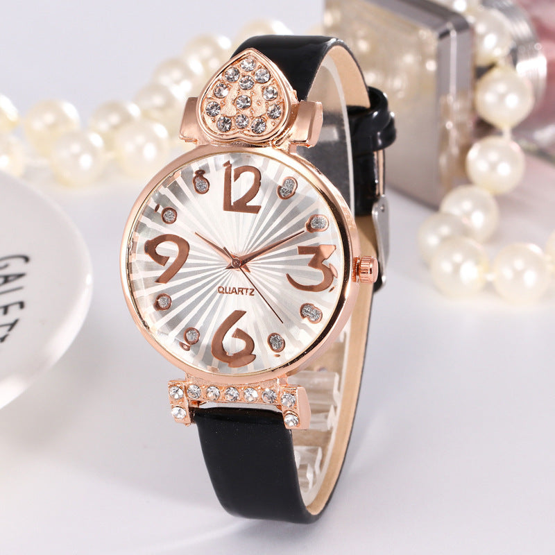 Peach heart rhinestone big number belt female watch